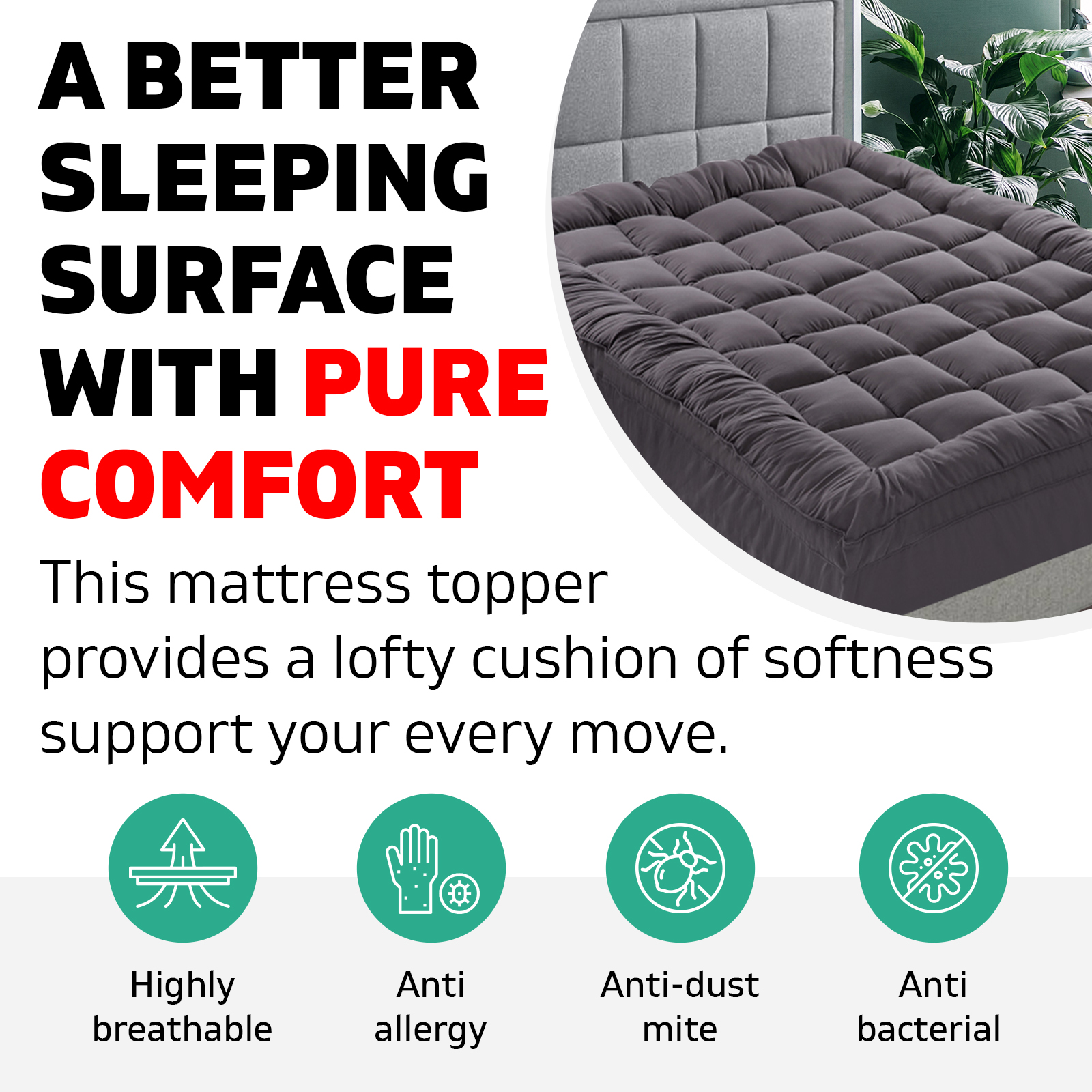Queen Mattress Topper Pillowtop Charcoal Microfibre Bamboo Fibre Protector 5CM