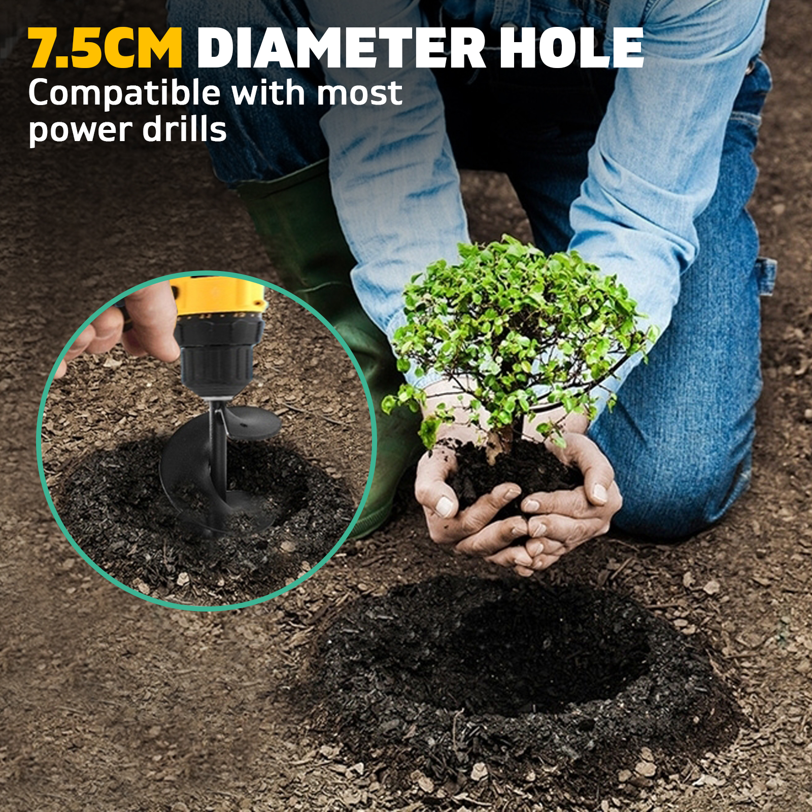 Garden Power Spiral Auger Hole Digger Earth Drill Bit Black 75x300 & 600mm