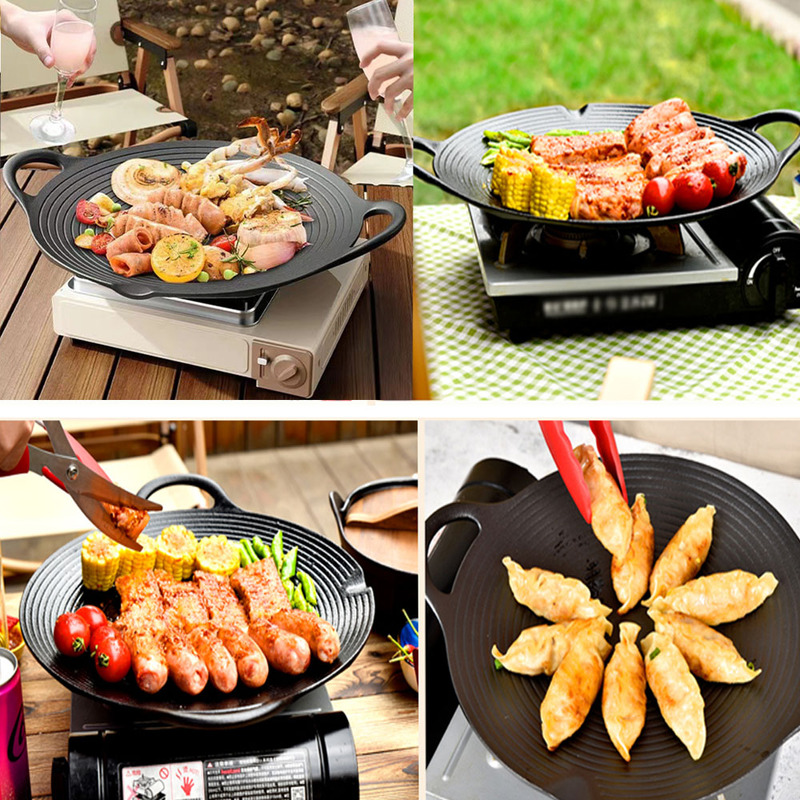 Cast Iron 36cm Korean Japanese BBQ Barbecue Grill Pan Plate Round Griddle Plate Indoor outdoor