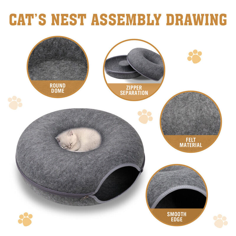  Dark Grey Cat Tunnel Bed Felt Pet Puppy Nest Cave House Toy Washable Detachable