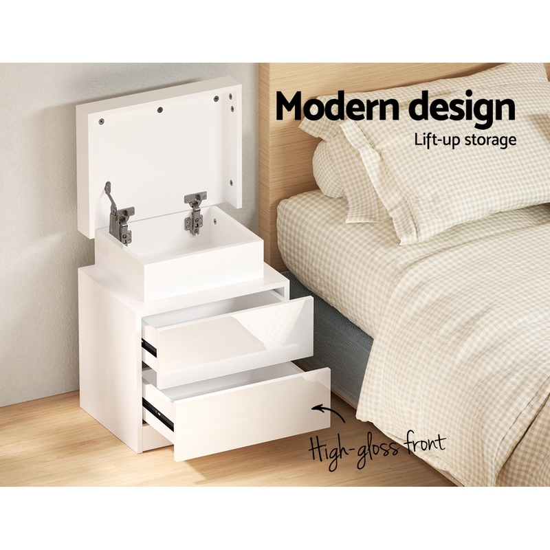 Artiss Bedside Table LED 2 Drawers Lift-up Storage - COLEY White