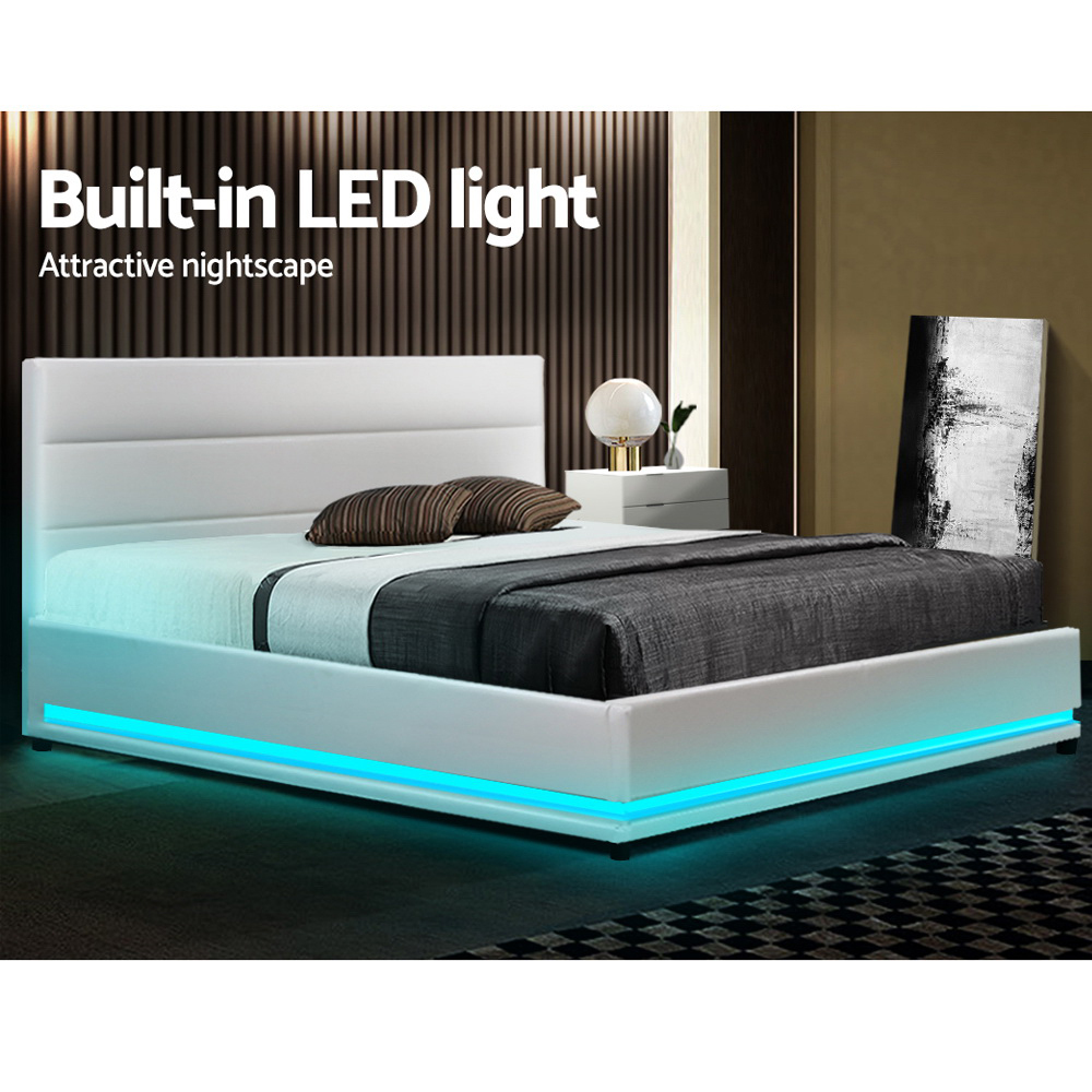 Artiss Lumi LED Bed Frame PU Leather Gas Lift Storage - White King