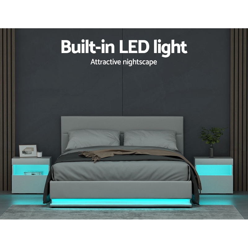 Artiss Bed Frame Queen Size LED Gas Lift White LUMI