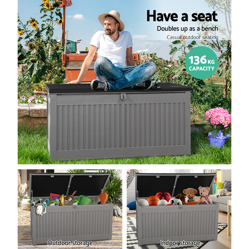 Gardeon Outdoor Storage Box 270L Container Lockable Garden Bench Tool Shed Grey