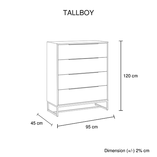 Tallboy with 4 Storage Drawers Assembled Solid Acacia Wooden Construction in Tea Colour