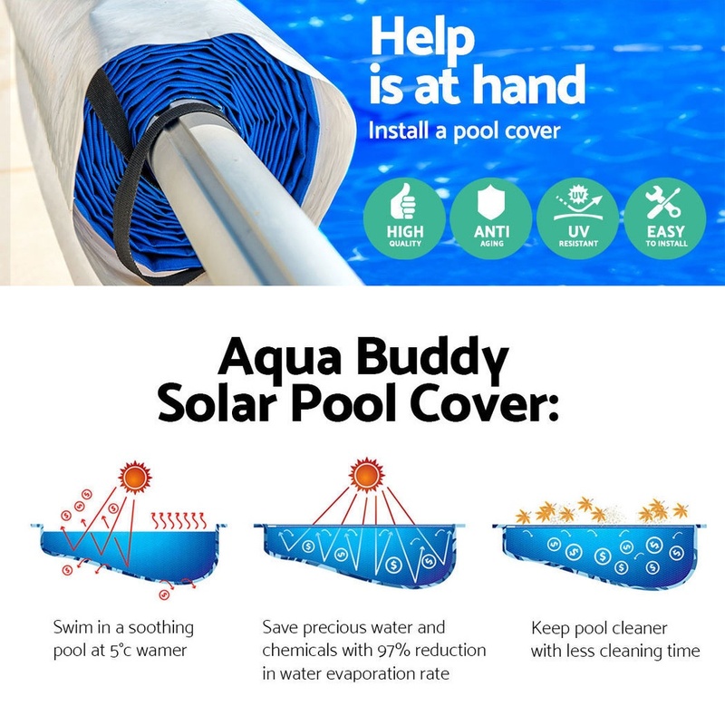 Aquabuddy Pool Cover 500 Micron 6.5x3m Silver Swimming Pool Solar Blanket 5.5m Blue Roller