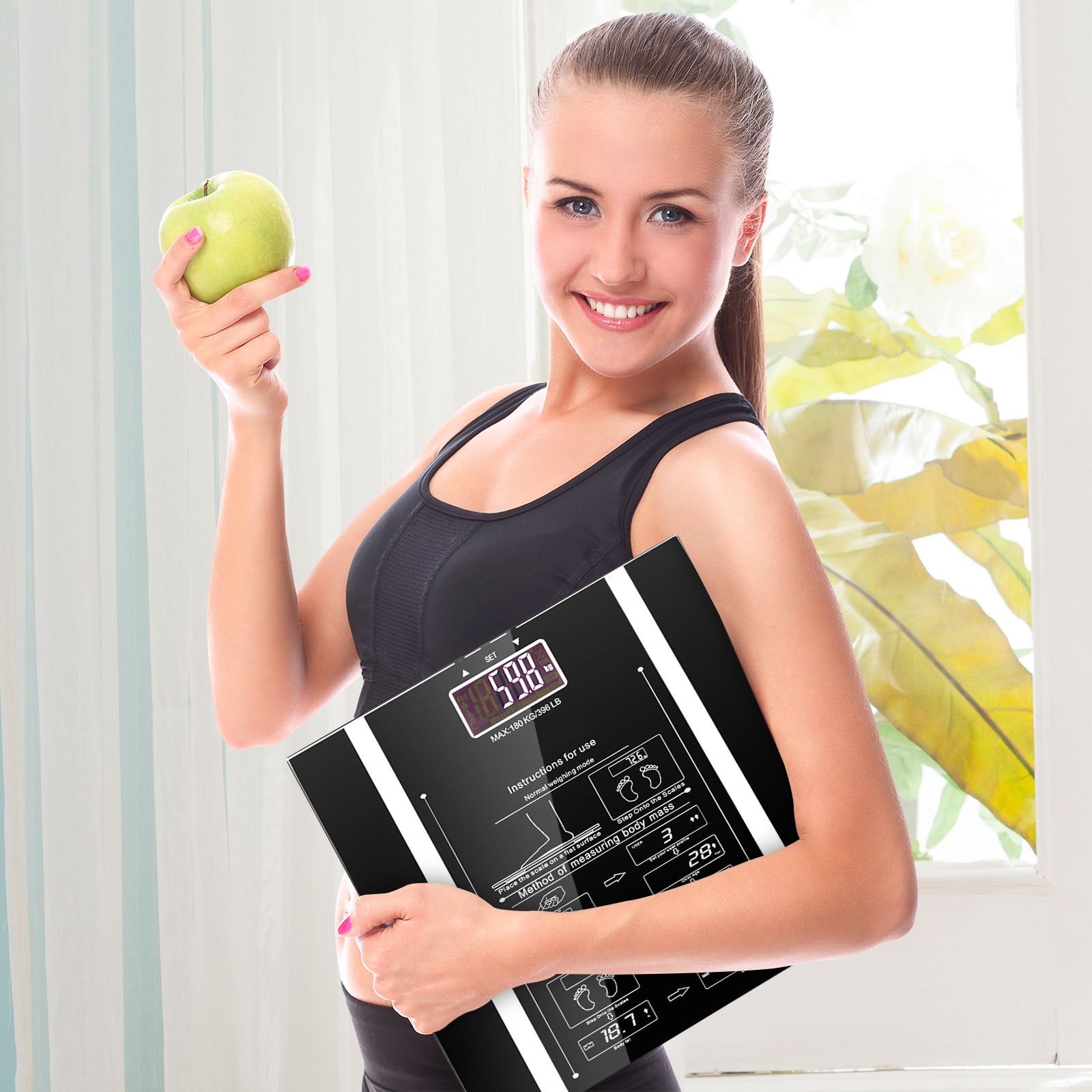 Electronic Digital Body Fat Bathroom Glass Weight Scale High Accuracy - Black