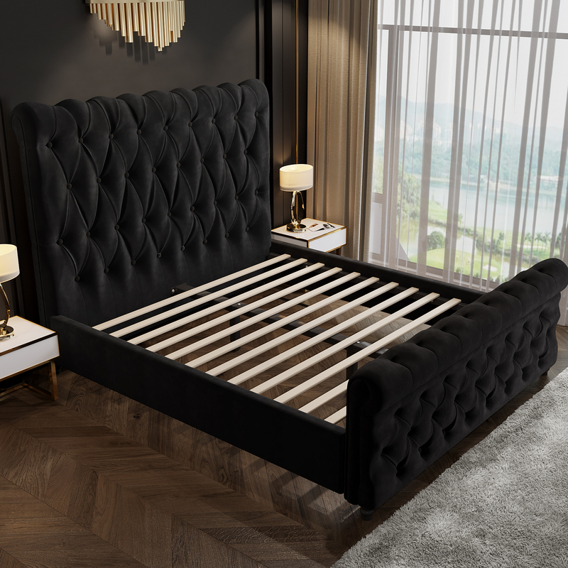 Royal Sleep Alexandra Queen Bed Frame Velvet Solid Wooden Base Platform Black