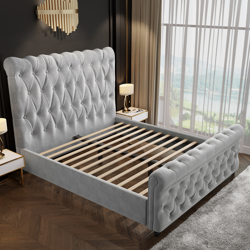 Royal Sleep Alexandra Queen Bed Frame Velvet Solid Wooden Base Platform Grey