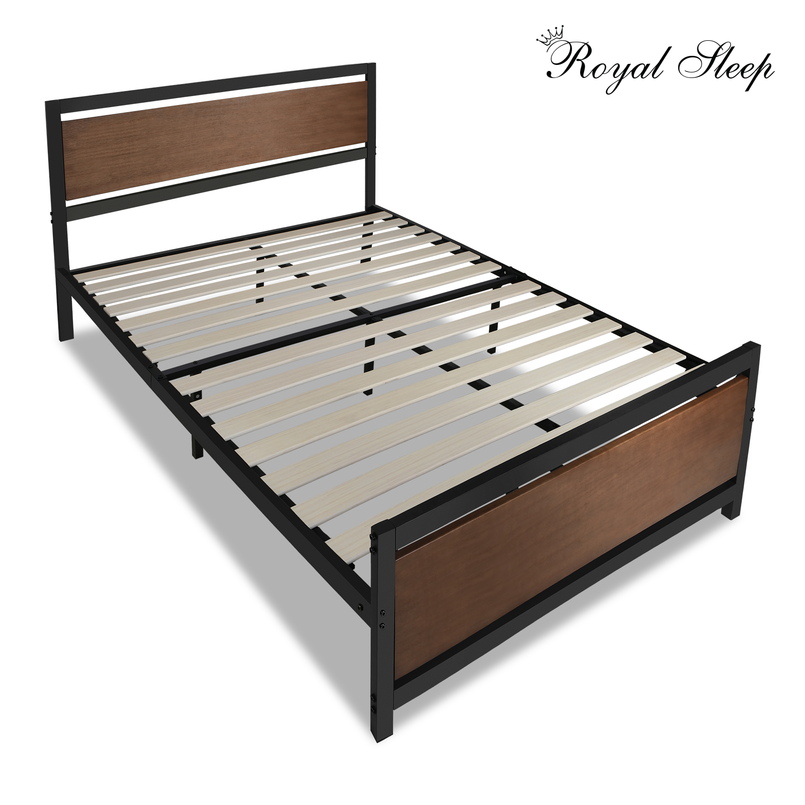 Royal Sleep Double Bed Frame Solid Wooden Pine with Iron Metal Frame