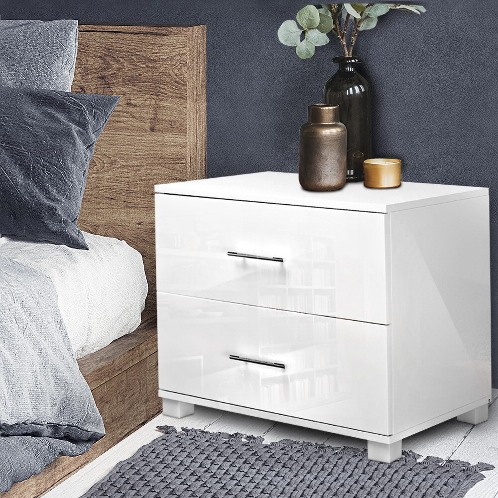 Artiss High Gloss Two Drawers Bedside Table - White