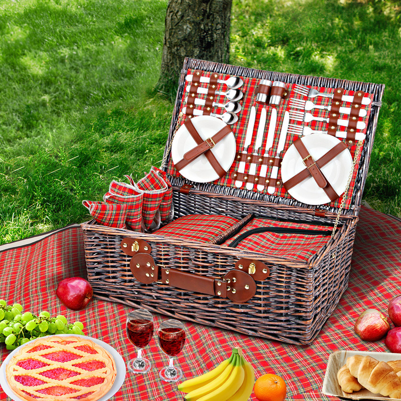 Alfresco 4 Person Picnic Basket Wicker Picnic Set Outdoor Insulated Blanket