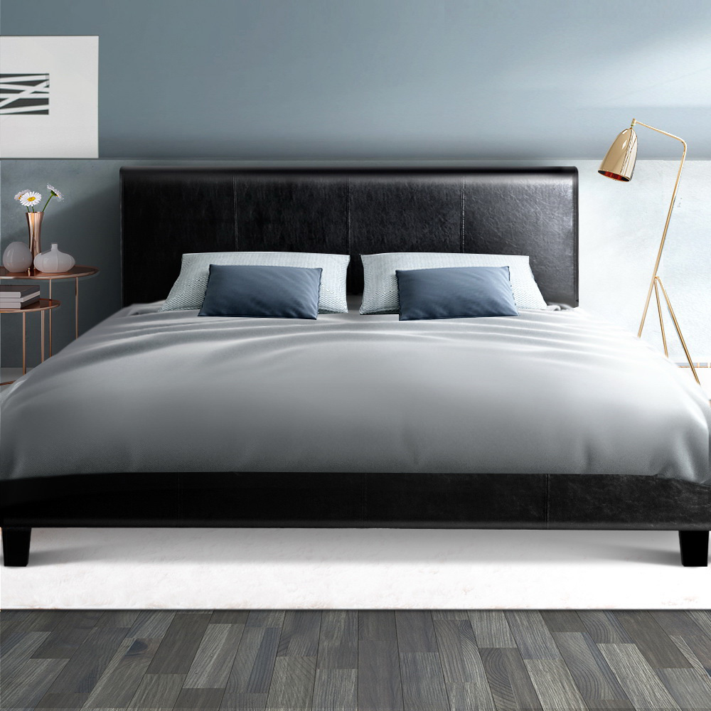Artiss Bed Frame Double Size Base Mattress Platform Leather Wooden Black NEO