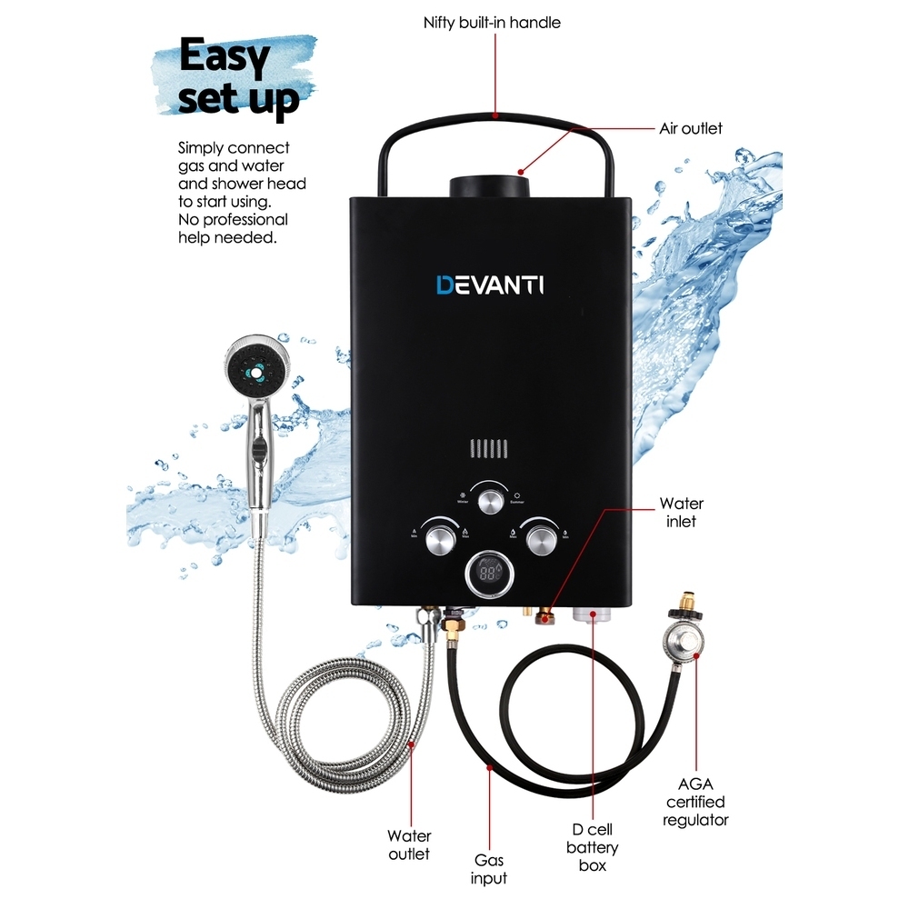 Devanti Portable Gas Water Heater 8L/Min LPG System Black