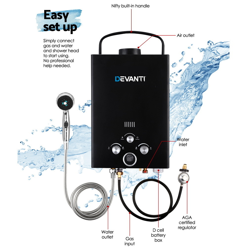 Devanti Outdoor Gas Hot Water Heater Portable Camping Shower 12V Pump Black