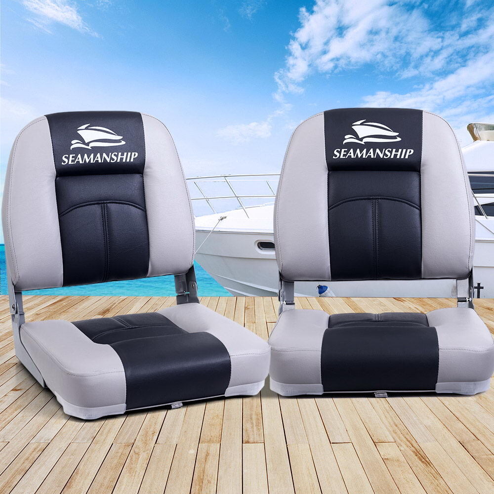 Seamanship 2X Folding Boat Seats Marine Swivel Low Back 10cm Padding Charcoal