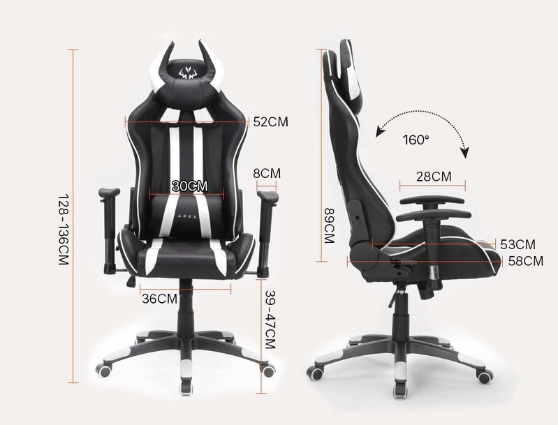 OVERDRIVE Diablo Reclining Gaming Chair Black & White Seat Computer Office Neck Lumbar Horns