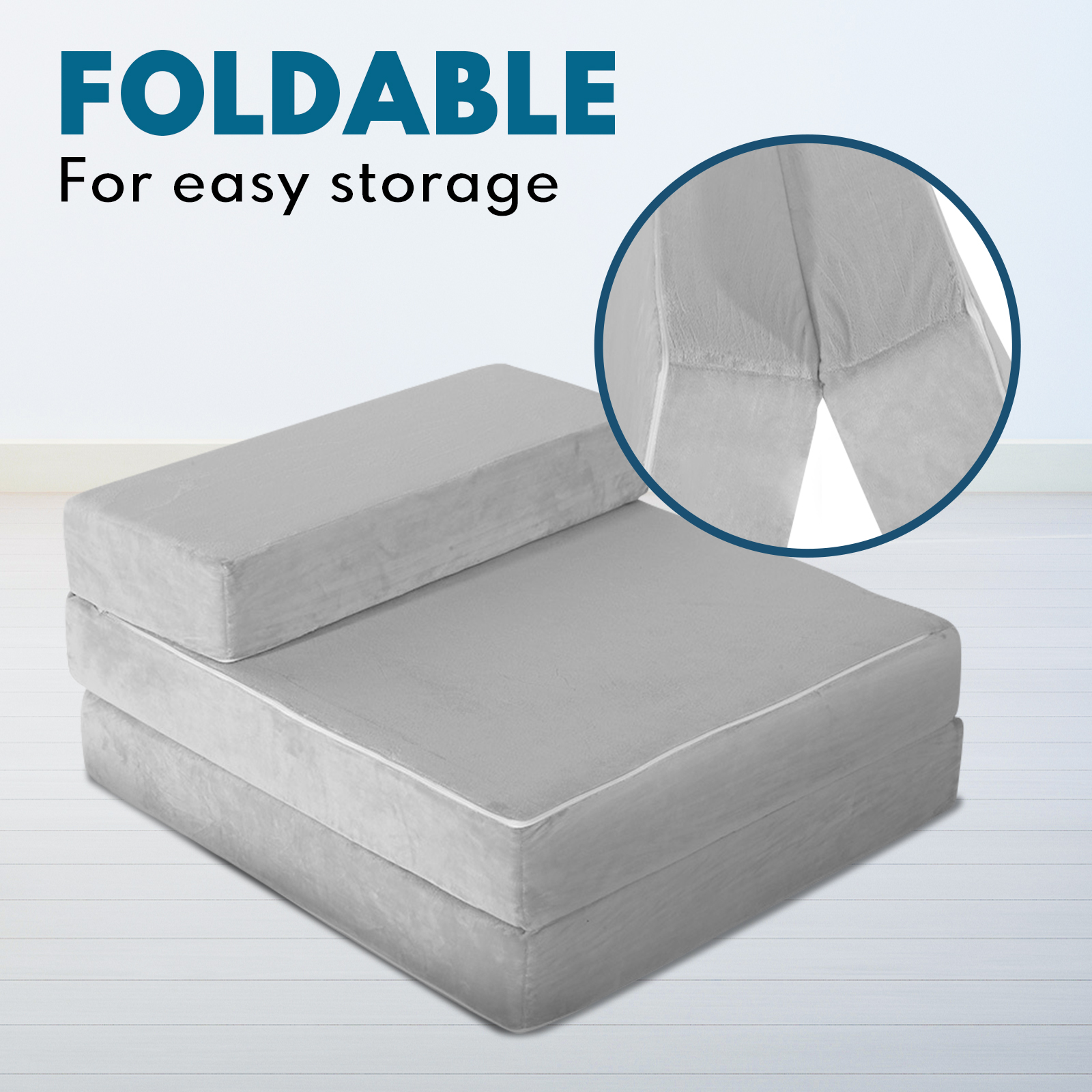 Single Folding Foam Mattress Portable Sofa Bed Lounge Chair Velvet Light Grey