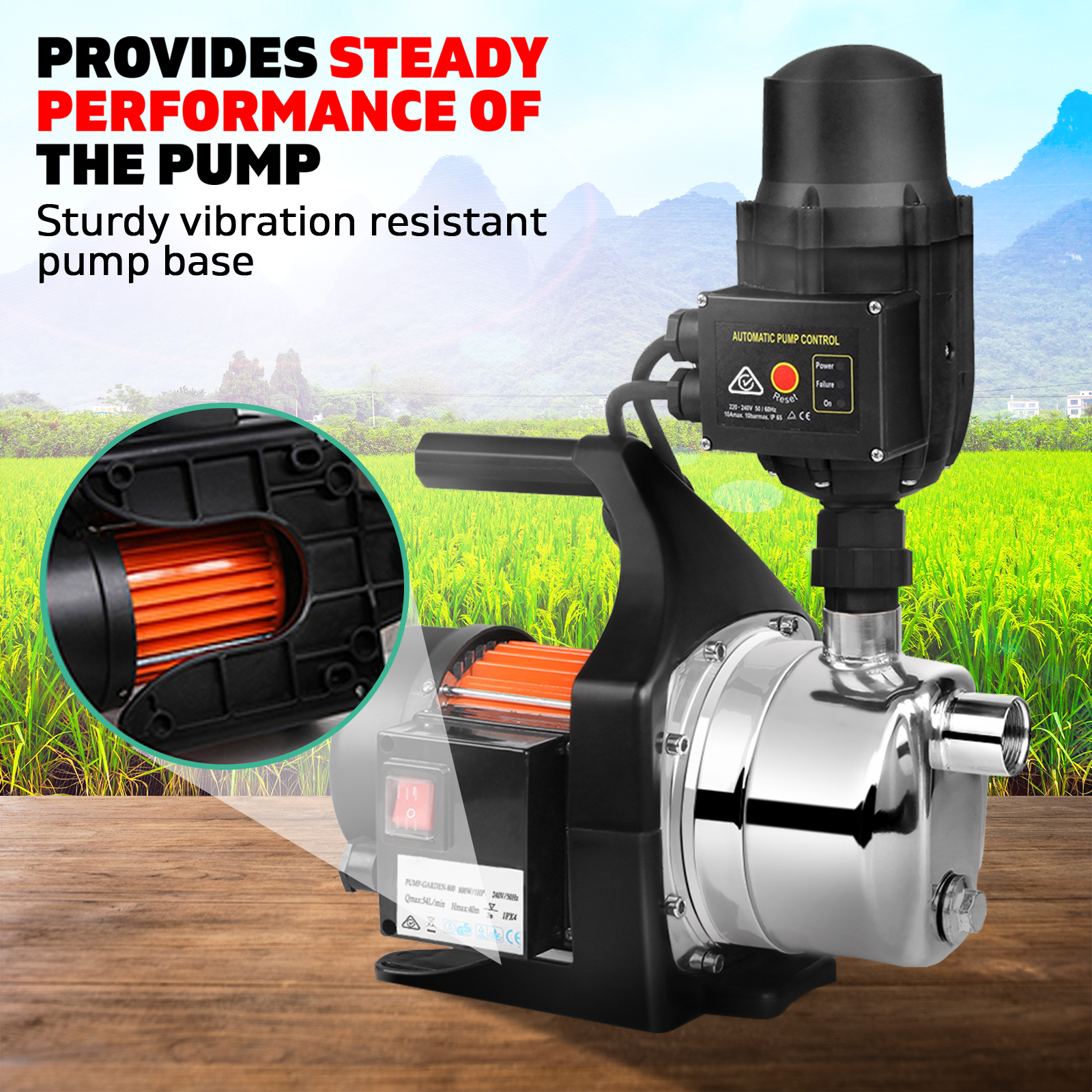 800W High Pressure Garden Farm Home Water Pump with Auto Controller 54L/min