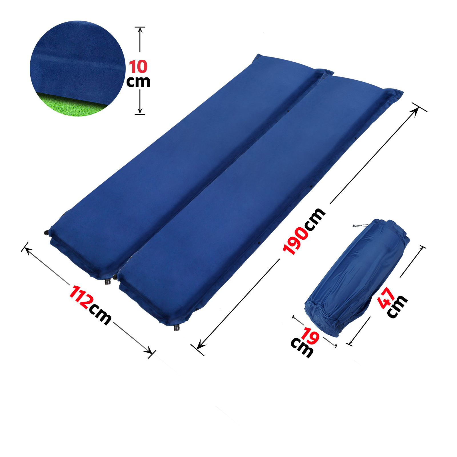 Double Self Inflating Mattress Camping Sleeping Mat Air Bed Pad Navy 10CM Thick