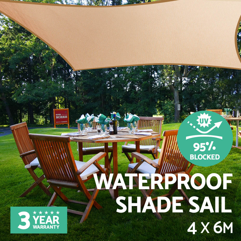 Instahut Waterproof Shade Sail 4x6m Rectangle Sand 95% Shade Cloth