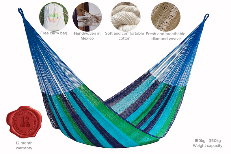Mayan Legacy Queen Size Outdoor Cotton Mexican Hammock in Oceanica Colour
