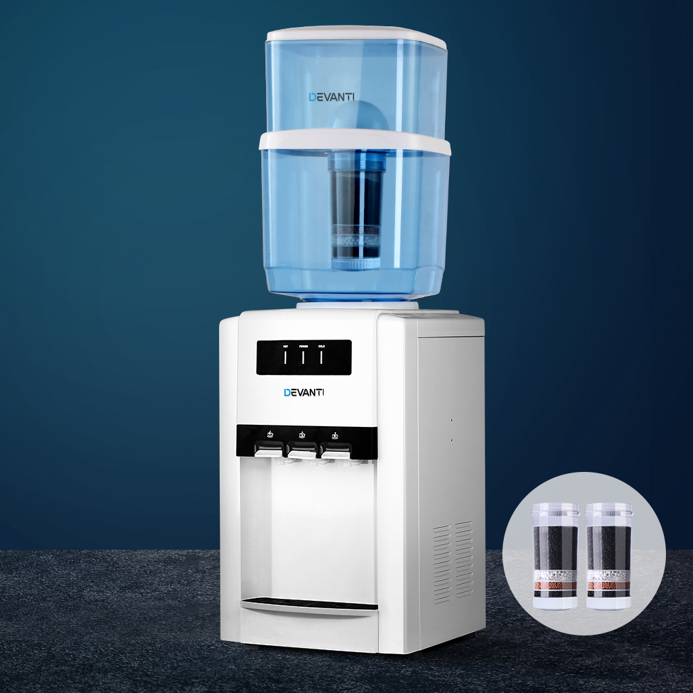 Devanti 22L Bench Top Water Cooler Dispenser Purifier Hot Cold Three Tap with 2 Replacement Filters