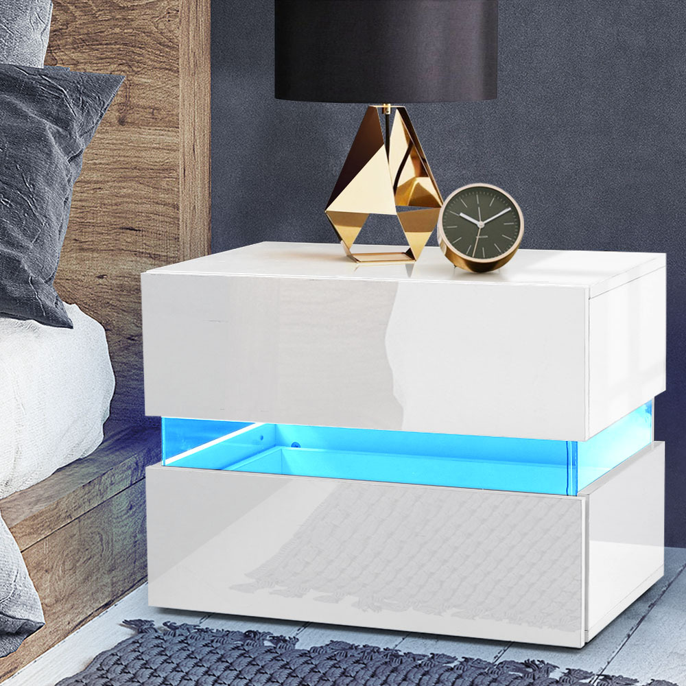 Artiss Bedside Table 2 Drawers RGB LED Side Nightstand High Gloss Cabinet White