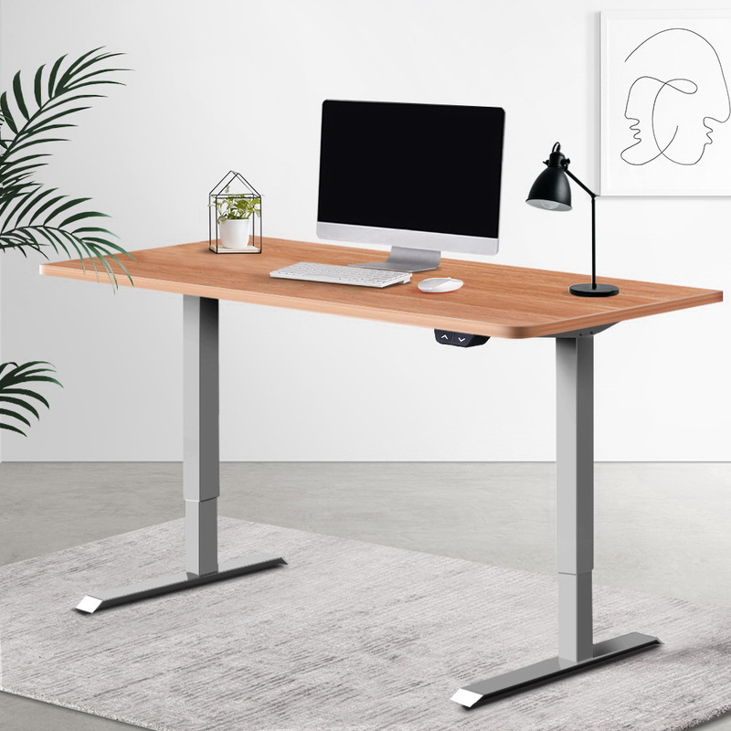 Artiss Standing Desk Adjustable Height Desk Electric Motorised Grey Frame Oak Desk Top 140cm