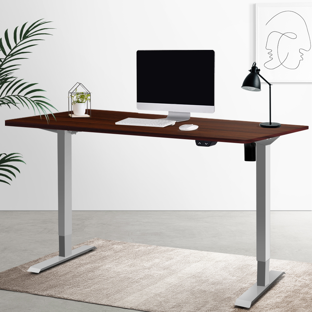 Artiss Standing Desk Adjustable Height Desk Electric Motorised Grey Frame Walnut Desk Top 140cm