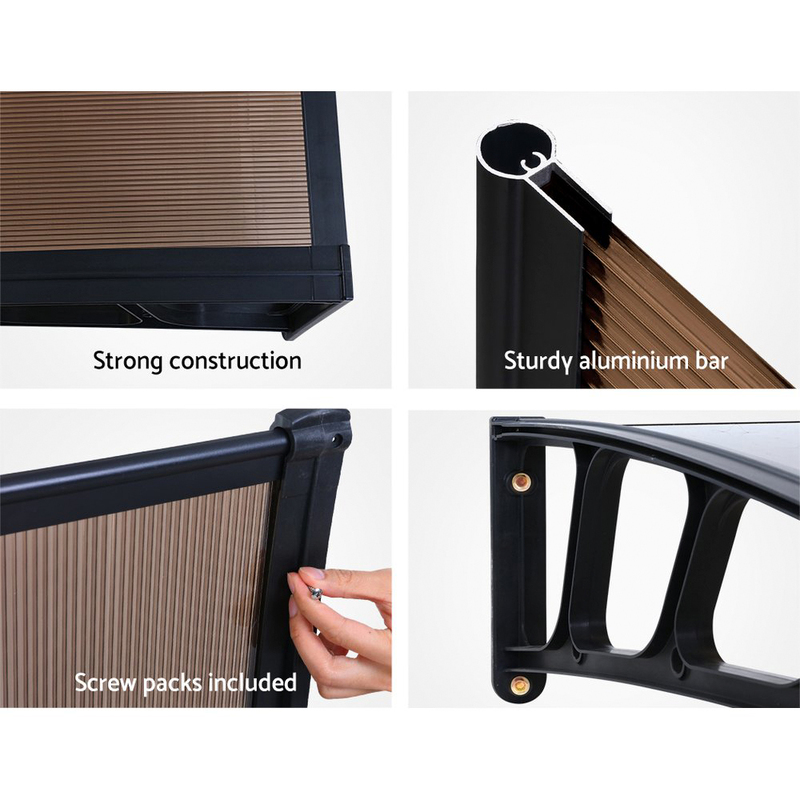 Instahut Window Door Awning Canopy 1.5mx3m Brown Sheet Black Plastic Frame