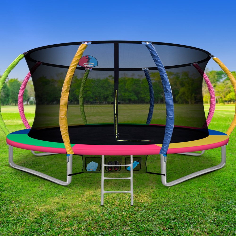 Everfit 14FT Trampoline Round Trampolines With Basketball Hoop Kids Present Gift Enclosure Safety Net Pad Outdoor Multi-coloured