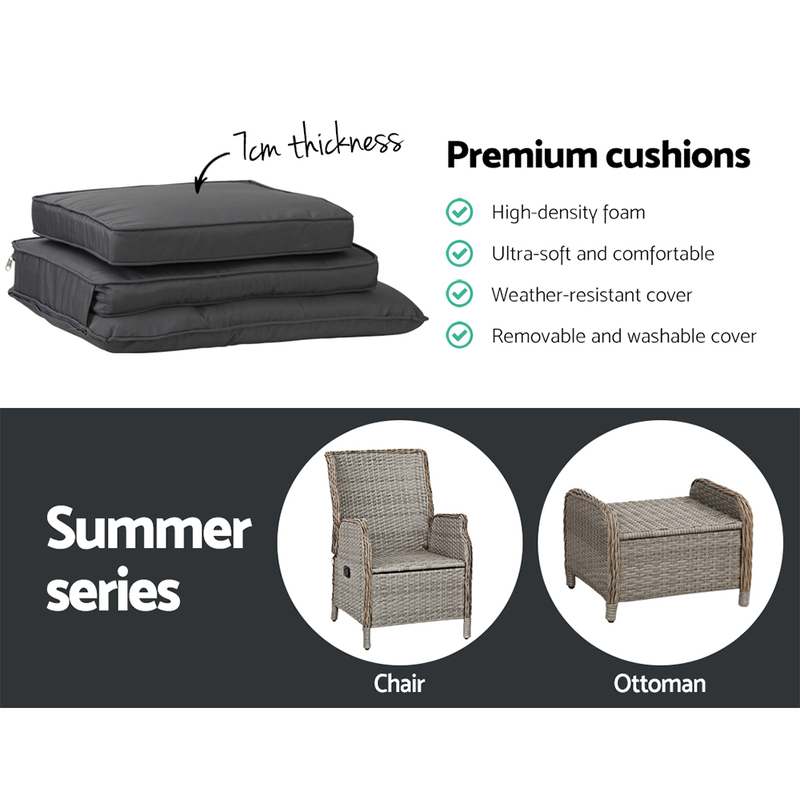 Gardeon Recliner Chair Sun lounge Wicker Lounger Outdoor Furniture Patio Adjustable Grey