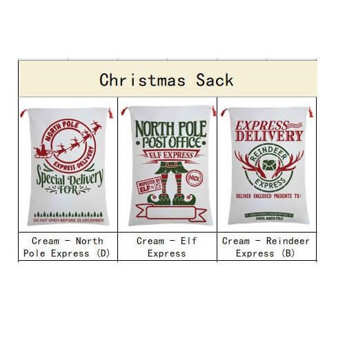 50x70cm Canvas Hessian Christmas Santa Sack Xmas Stocking Reindeer Kids Gift Bag, Cream - North Pole Express