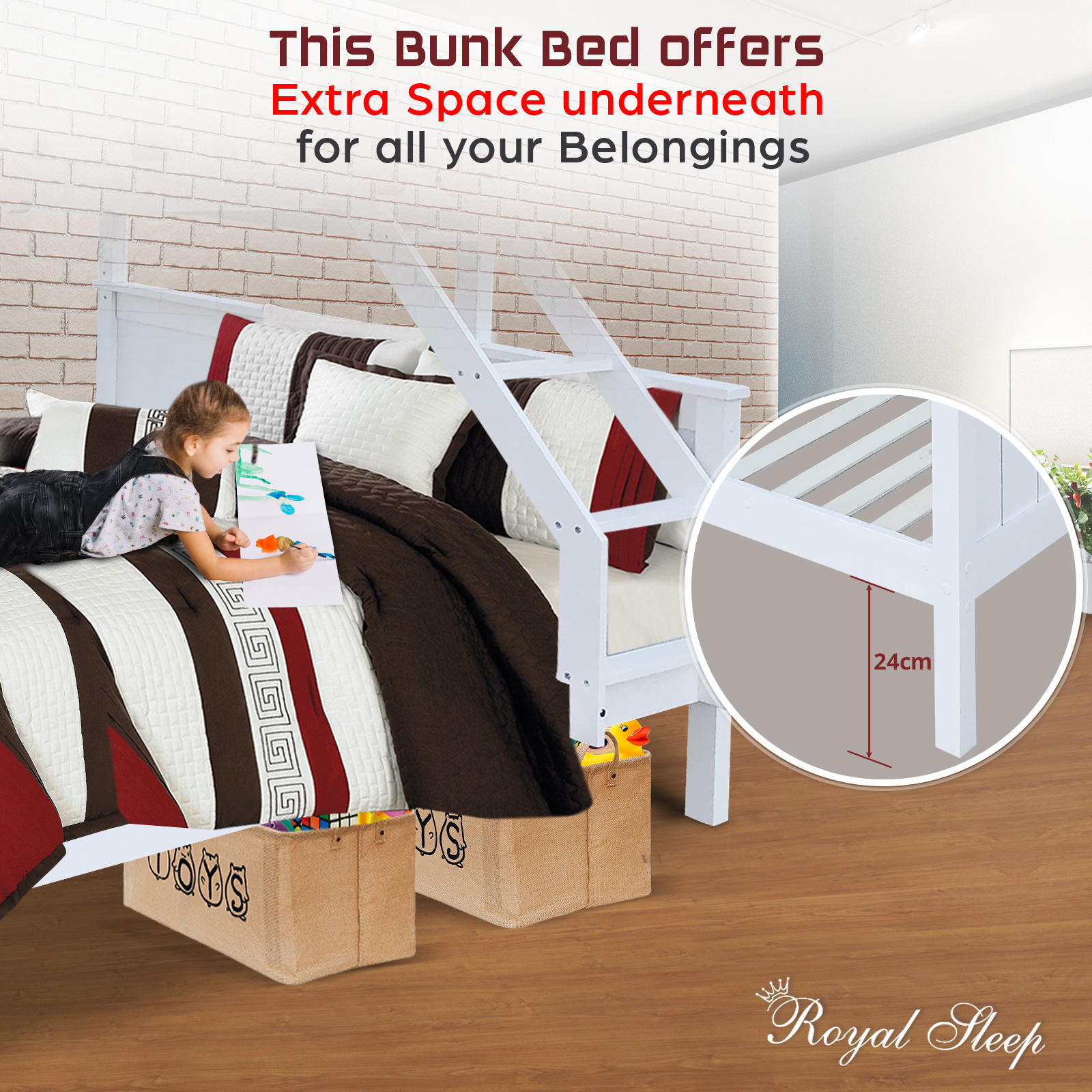 Royal Sleep Triple Bunk Bed for Kids - White Single Over Double Bunk Bed