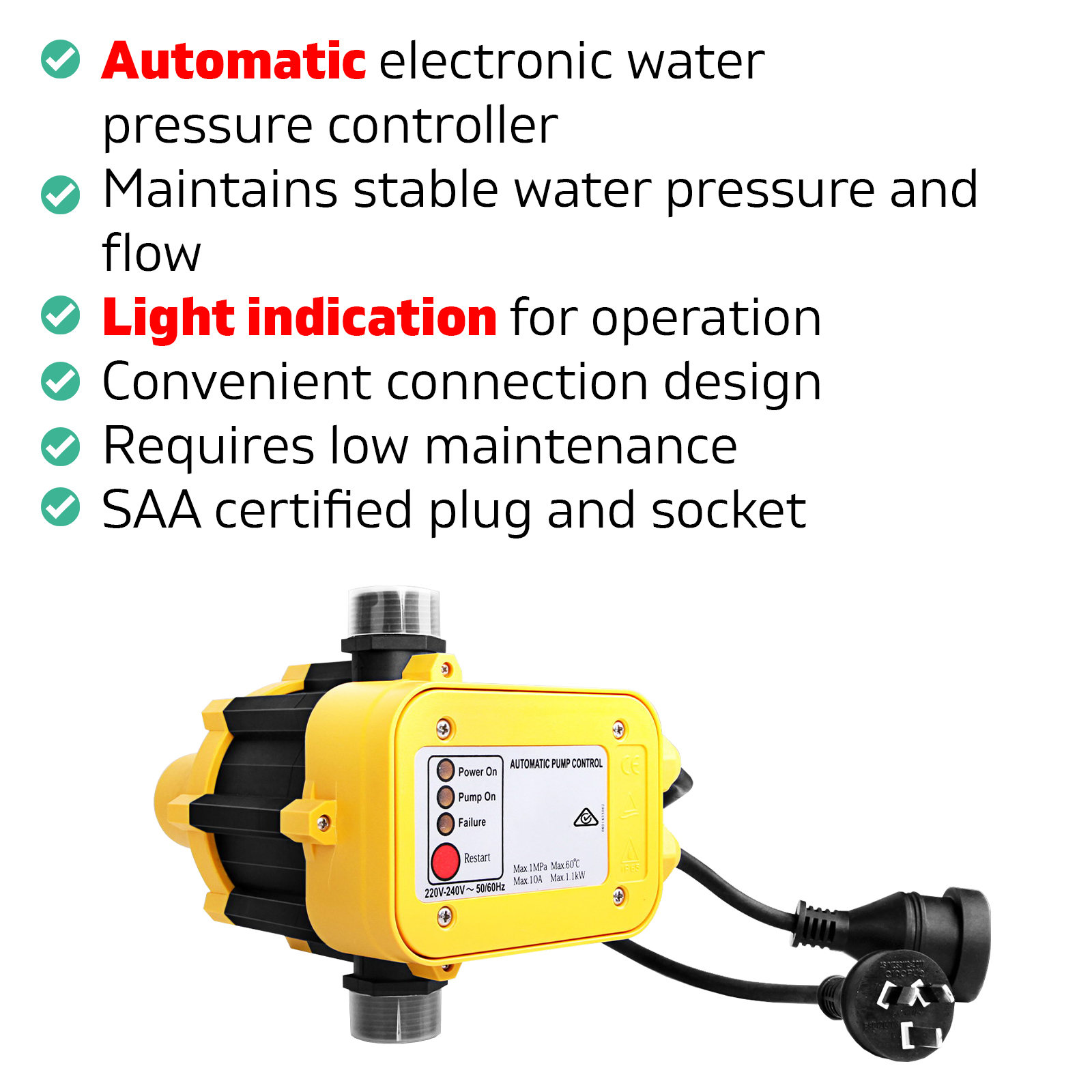 220/240V Automatic Electronic Water Pump Controller Garden Farm Home - Yellow