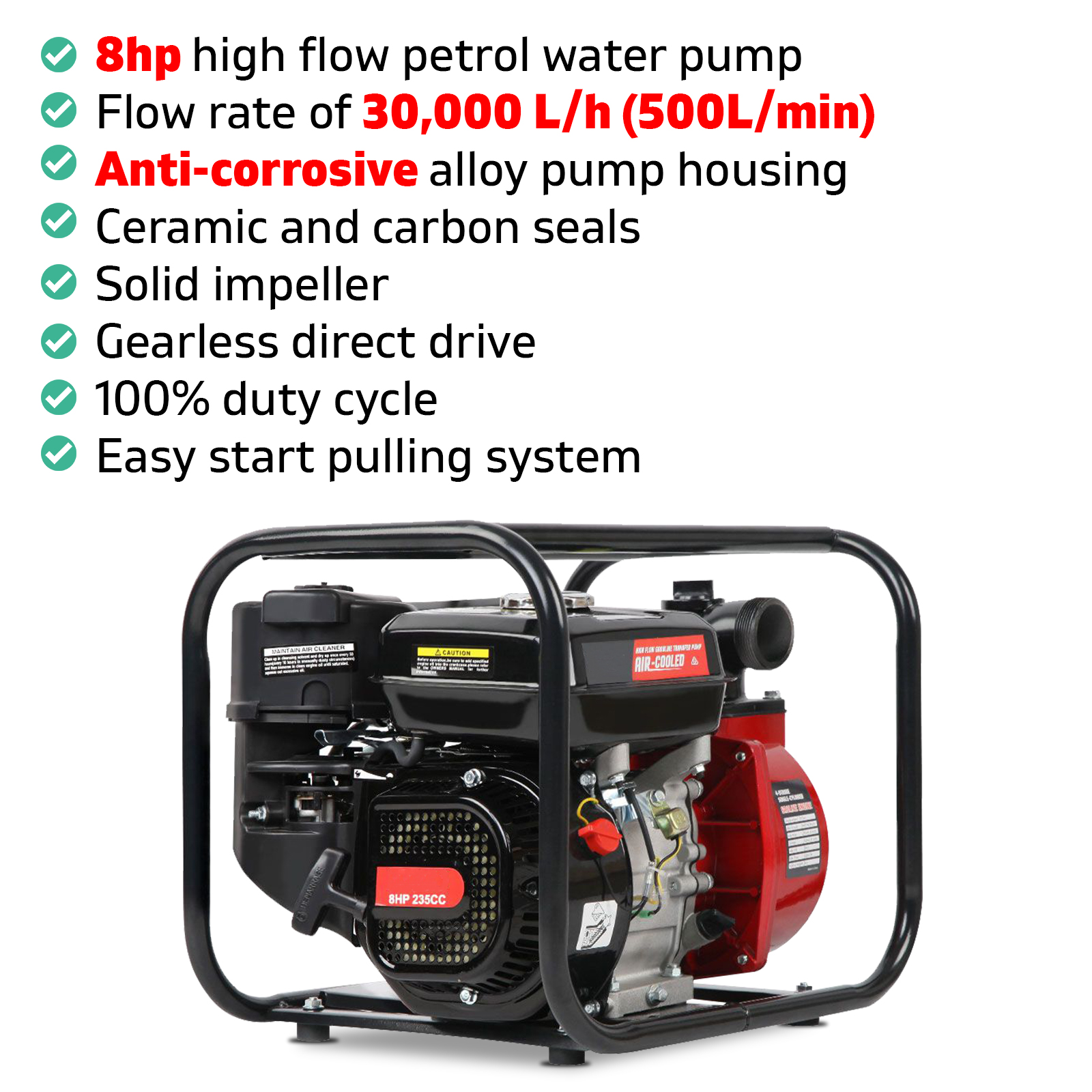 2inch 3600RPM High Flow Water 235CC Pump 8HP- Black & Red