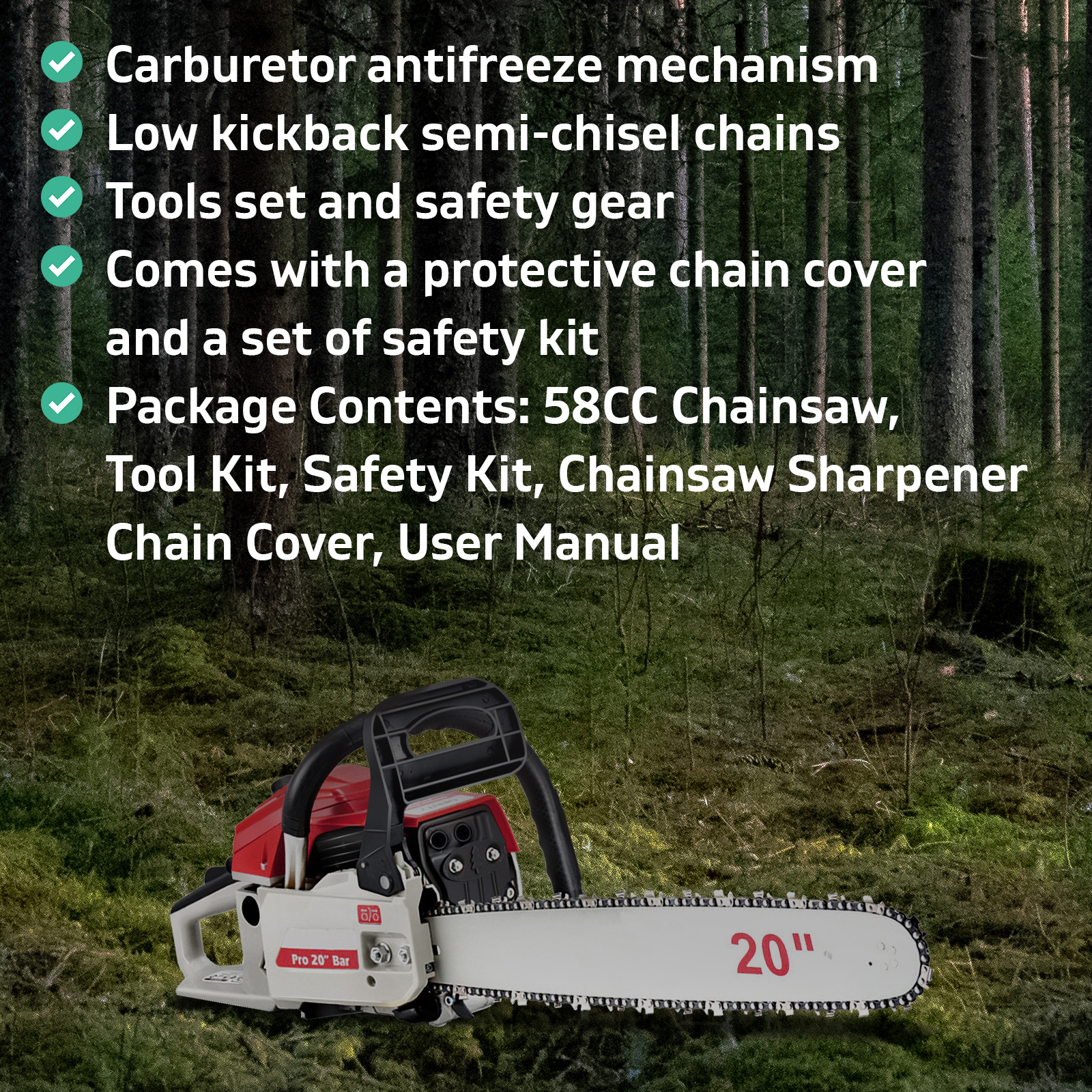 20" 58CC Commercial 260ml Petrol Low Kickback Chainsaw - Red & White