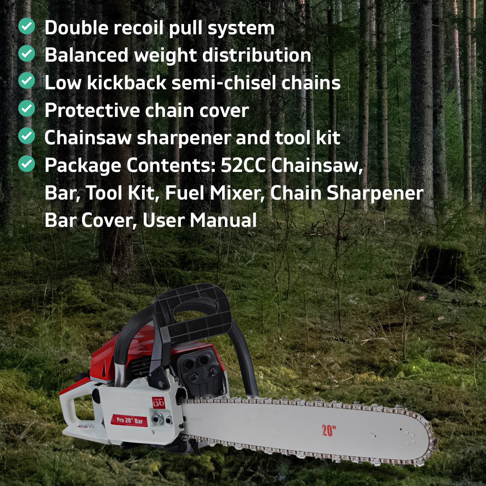 52CC Petrol 2-stroke Premium Commercial Chainsaw Chain Saw Bar E-Start Pruning