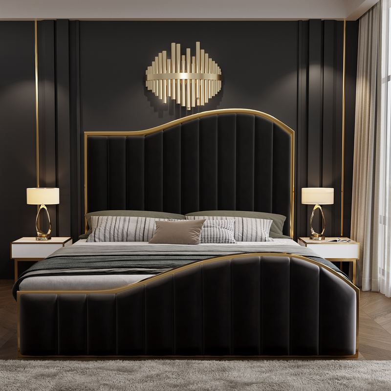 Royal Sleep Stella Queen Bed Frame Velvet Solid Wooden Base Platform Black Gold
