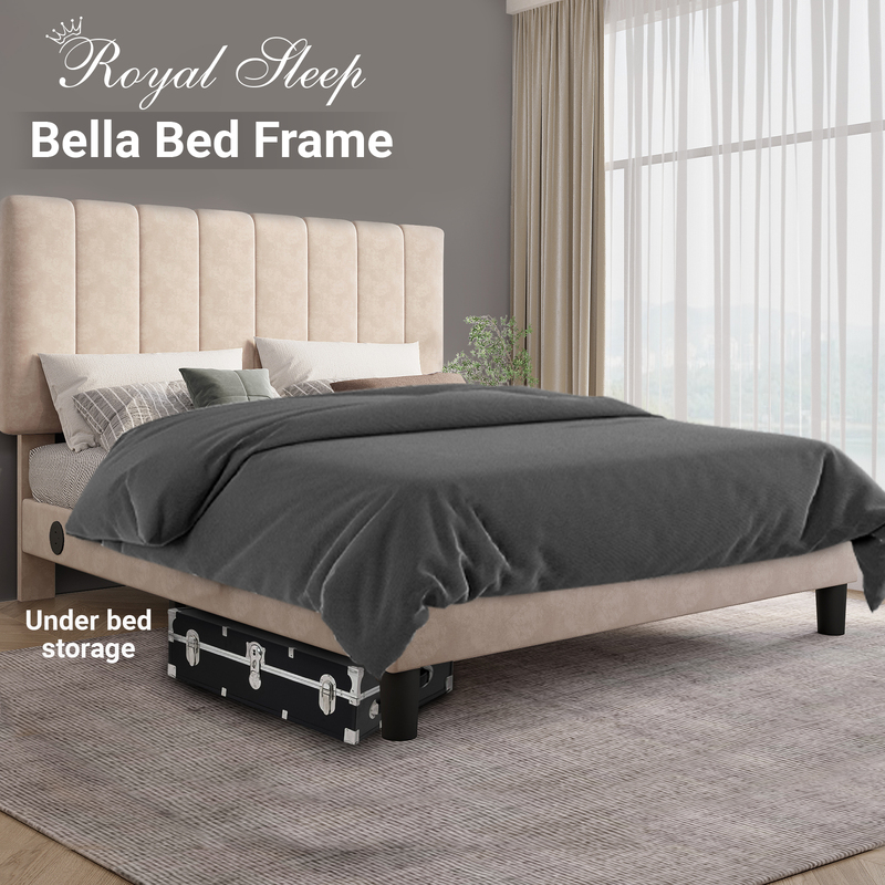 Royal Sleep Bed Frame King Bella Velvet Headboard Base Wooden USB Fabric Beige