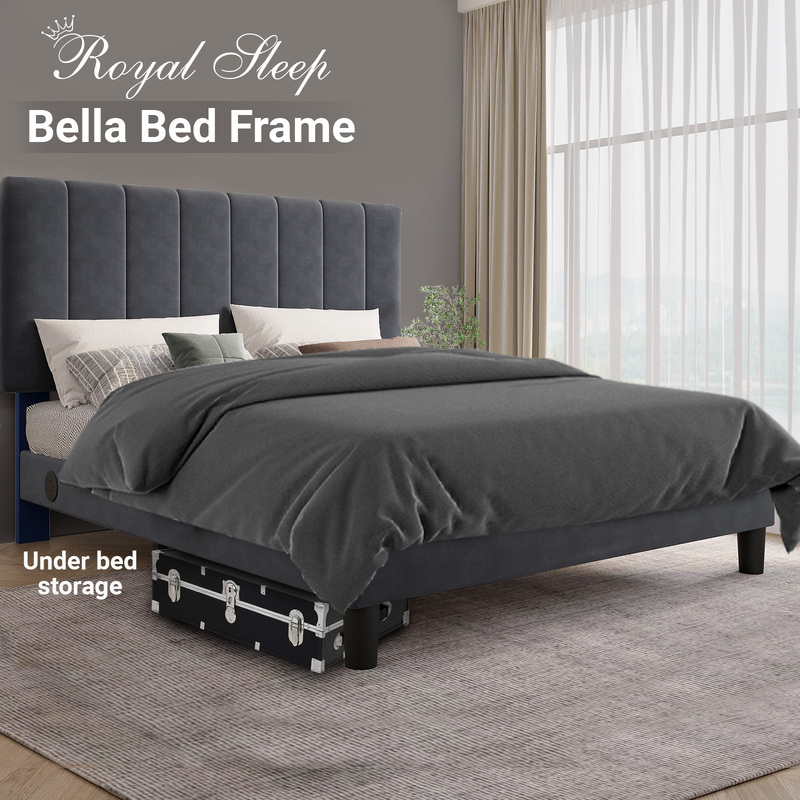 Royal Sleep Bed Frame King Bella Velvet Headboard Wooden USB Fabric Charcoal