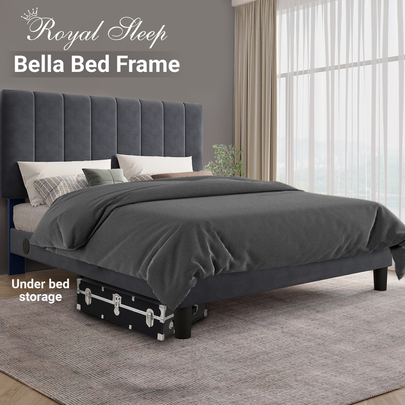 Royal Sleep Bed Frame Single Bella Velvet Headboard Wooden USB Fabric Charcoal