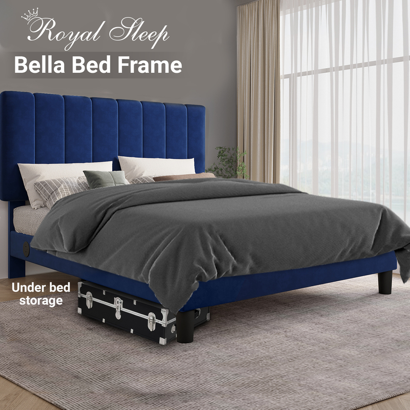 Royal Sleep Bed Frame Double Bella Velvet Headboard Base Wooden USB Fabric Navy
