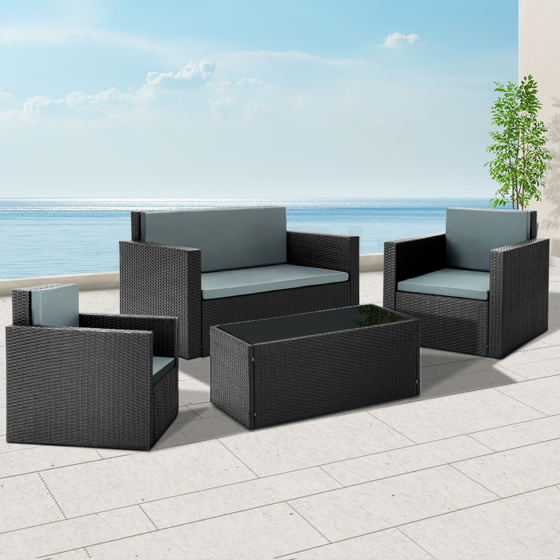 Gardeon 4 Piece Outdoor Wicker Furniture Set - Black