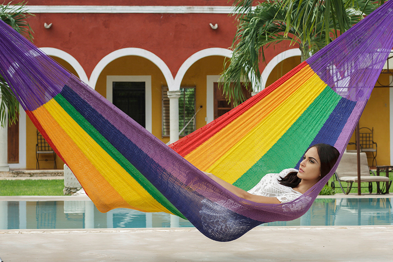 Mayan Legacy King Size Cotton Mexican Hammock in Rainbow Colour