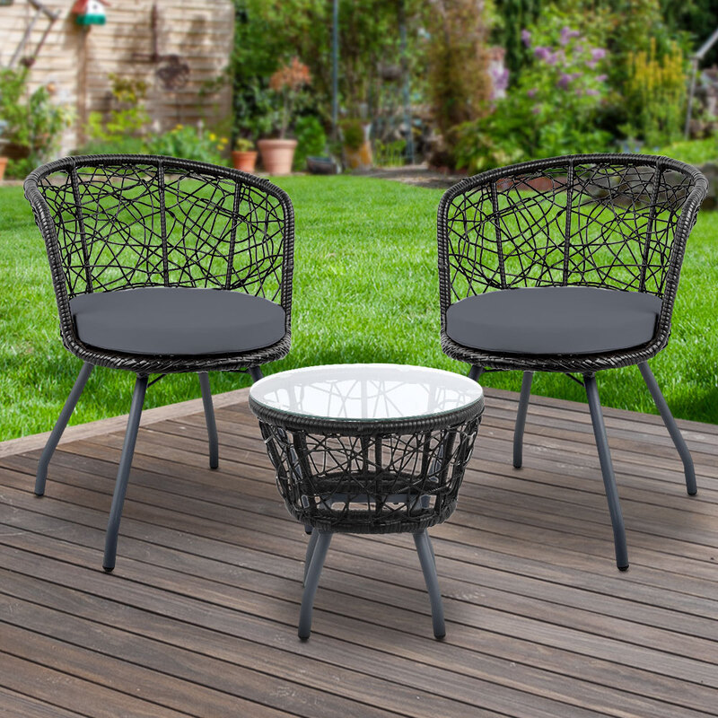 Gardeon 3PC Bistro Set Outdoor Furniture Rattan Table Chairs Patio Garden Cushion Black
