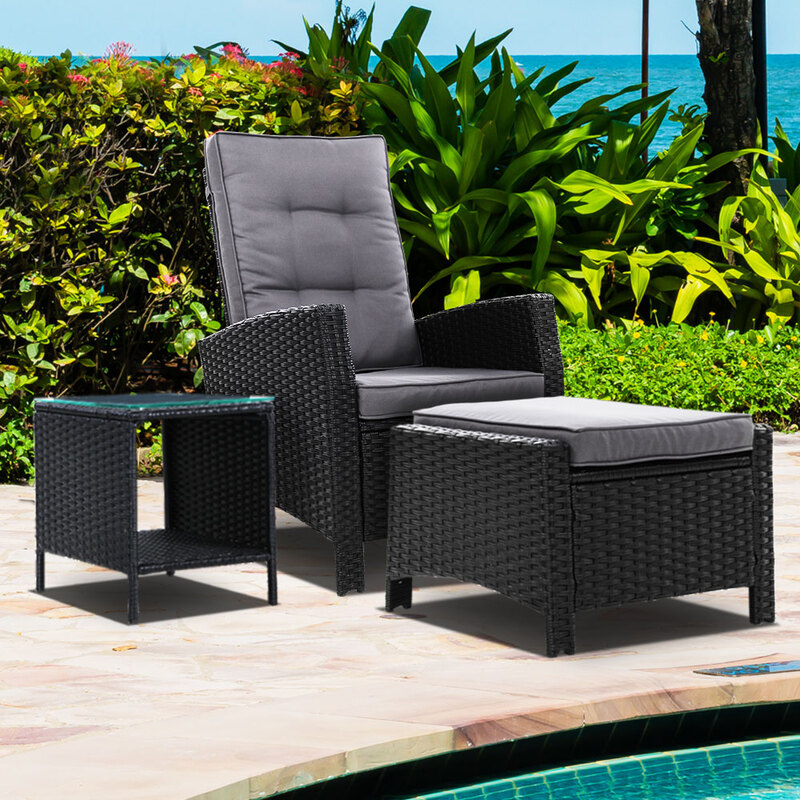 Gardeon Outdoor Setting Recliner Chair Table Set Wicker lounge Patio Furniture Black