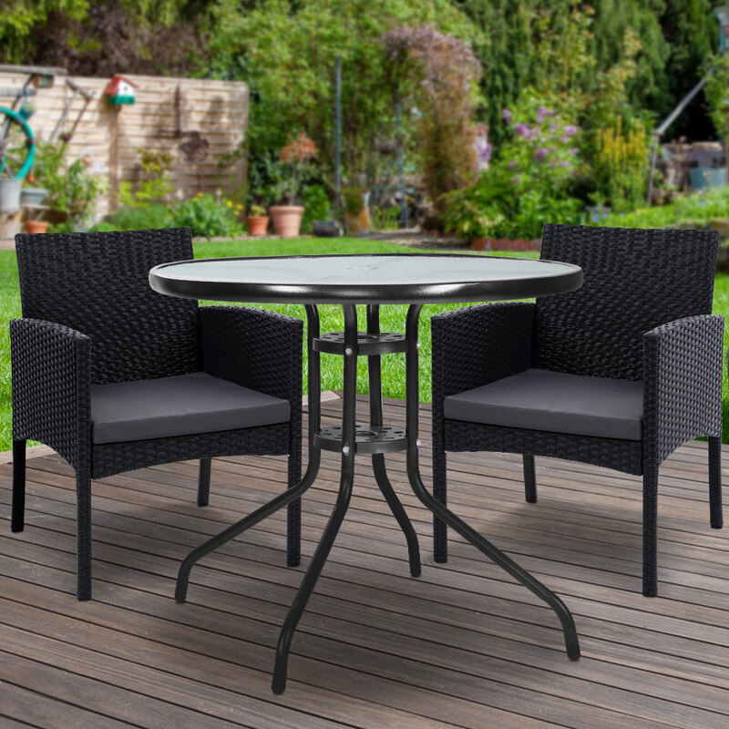 Gardeon 3PC Bistro Set Outdoor Furniture Rattan Table Chairs Cushion Patio Garden Ezra