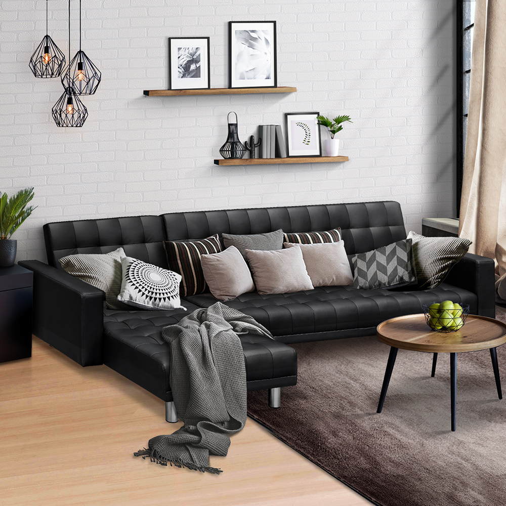 Artiss Modular PU Leather Sofa Bed - Black 